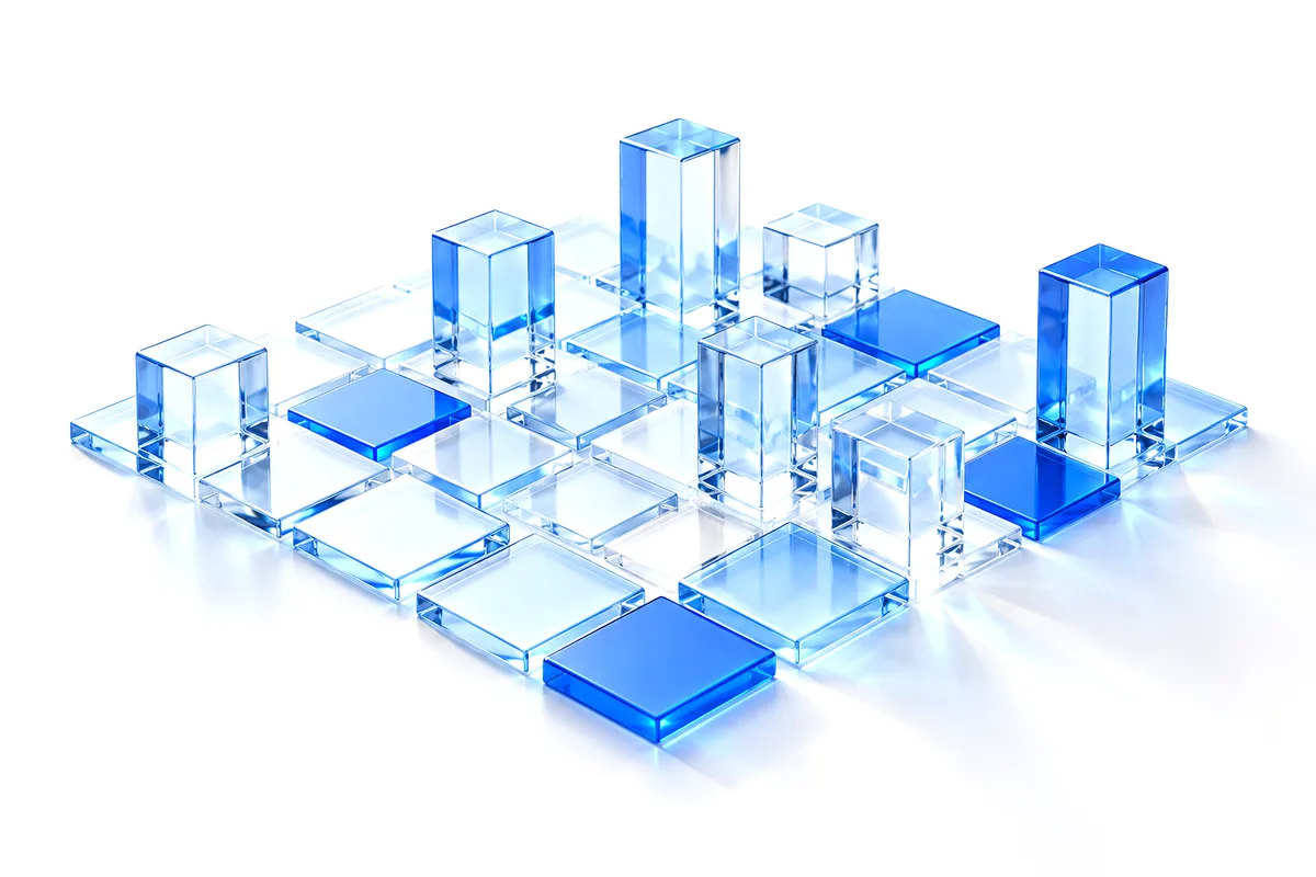 Abstract render: an orderly mosaic of glass panels and columns, some in solid blue, like a control panel.