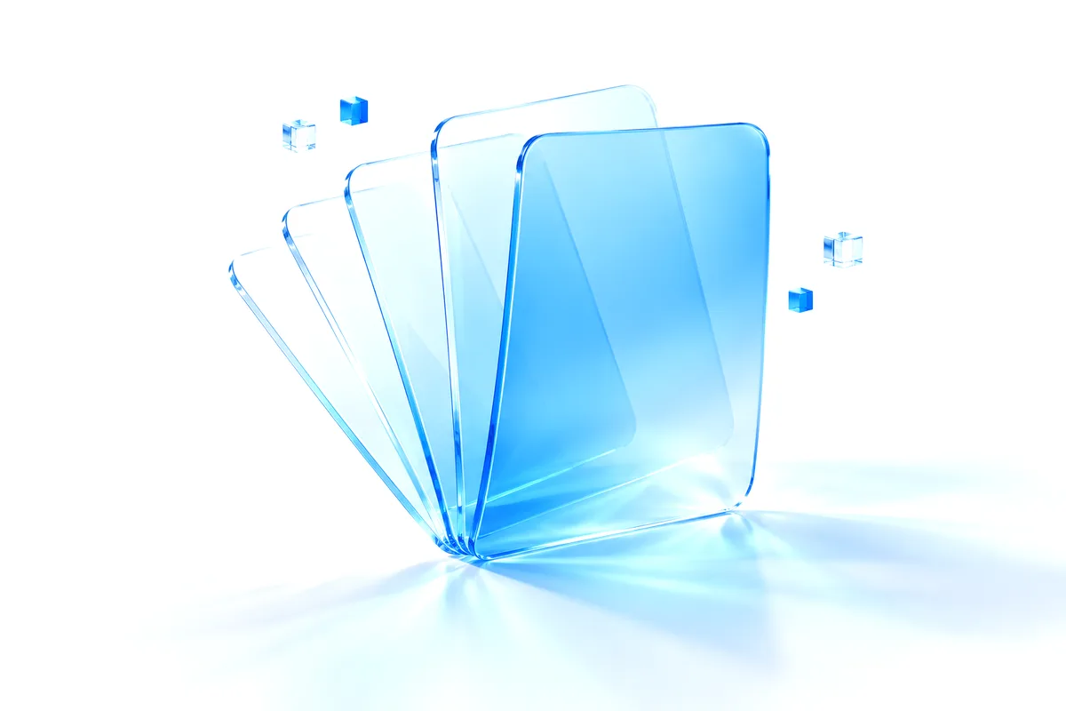 Abstract render: rounded glass sheets fanned out, the front one in blue, like pages of content.