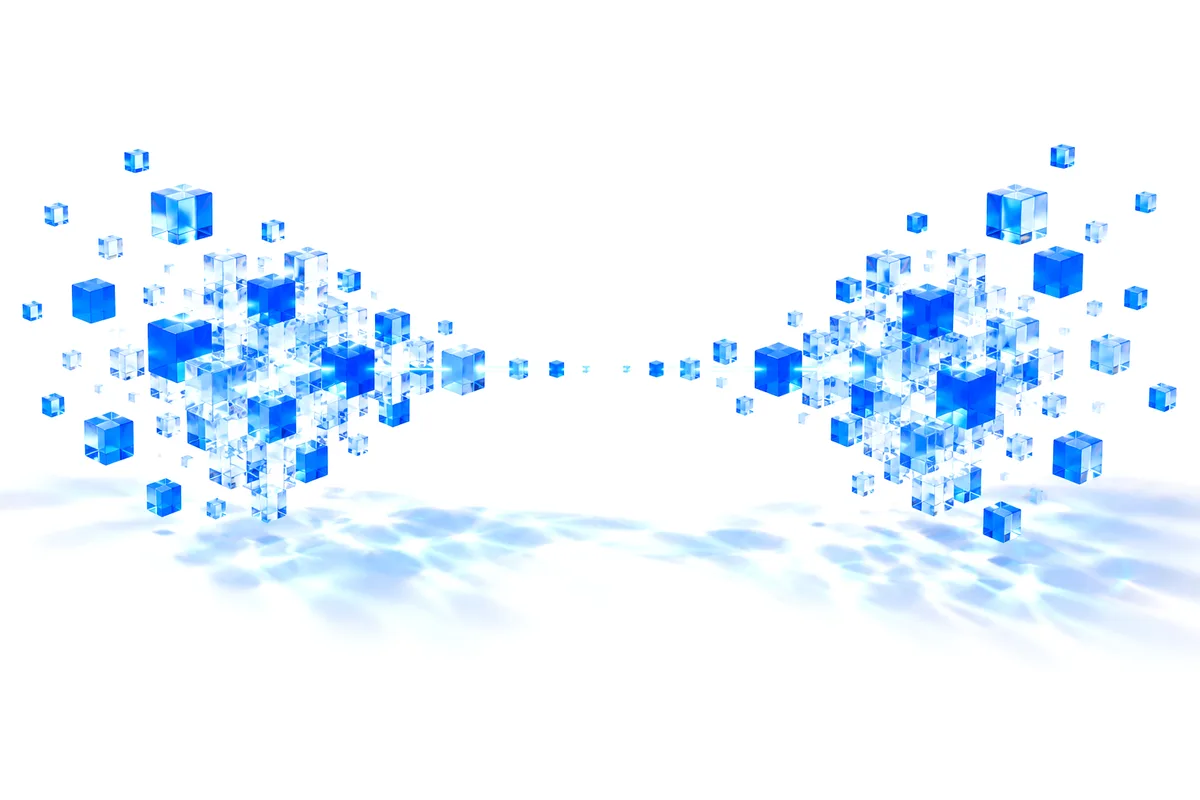 Abstract render: two groups of glass cubes joined by a thin bridge of small blue cubes.