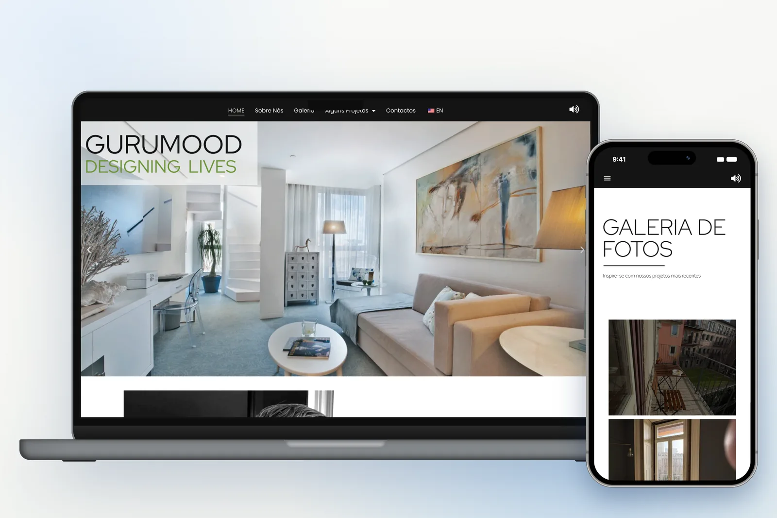 Gurumood website on a laptop and a phone, with the home page and the project gallery