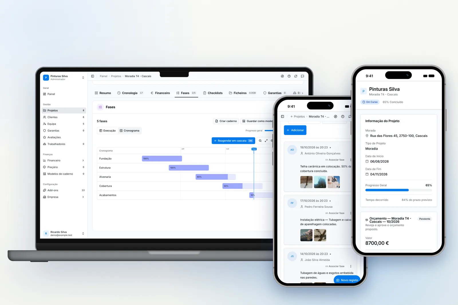 Construction management platform: phase schedule on a laptop, site diary and client page on phones