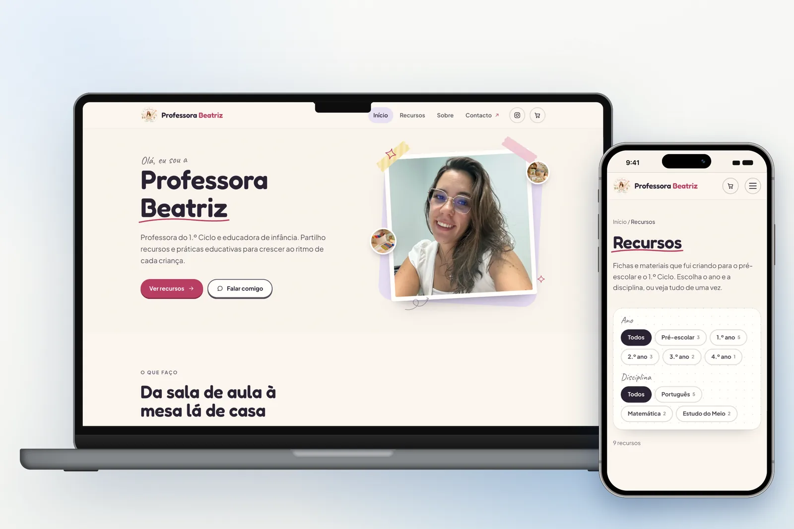 Professora Beatriz website on a laptop and a phone, with the home page and the resource list