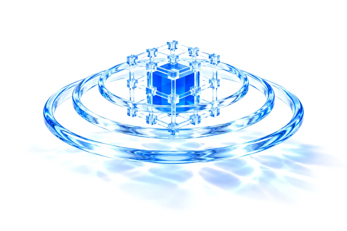Abstract render: a solid blue cube inside a glass grid structure, surrounded by glass rings.