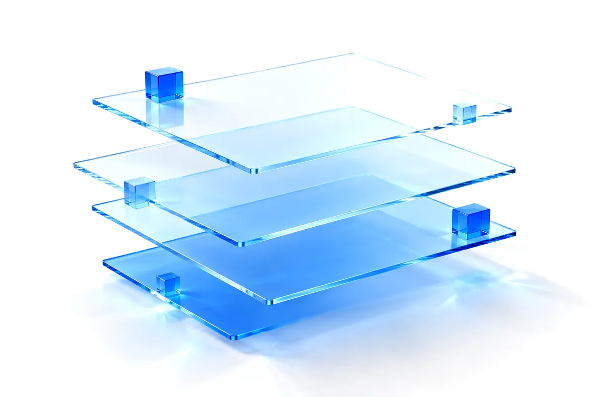 Abstract render: stacked blue glass panels like the layers of a page, with small blue cubes around the edges.