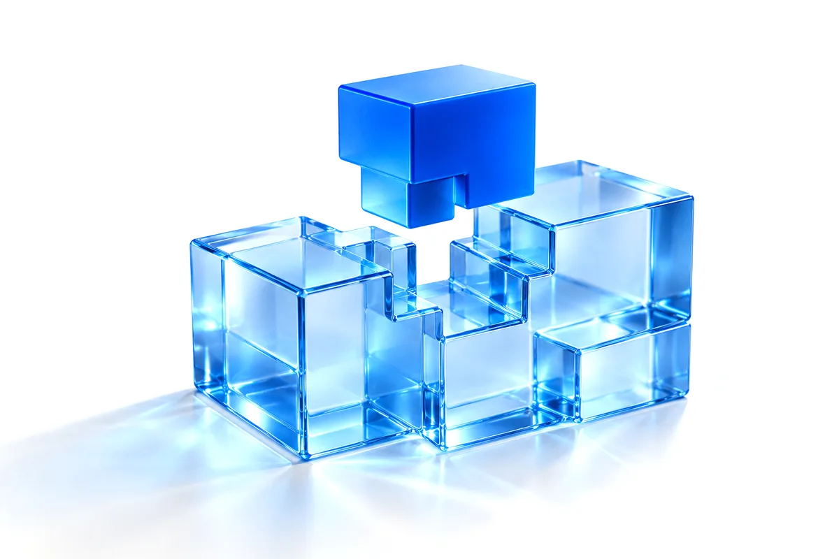 Abstract render: a solid blue block slotting into a structure of glass blocks, like a plugin into a system.